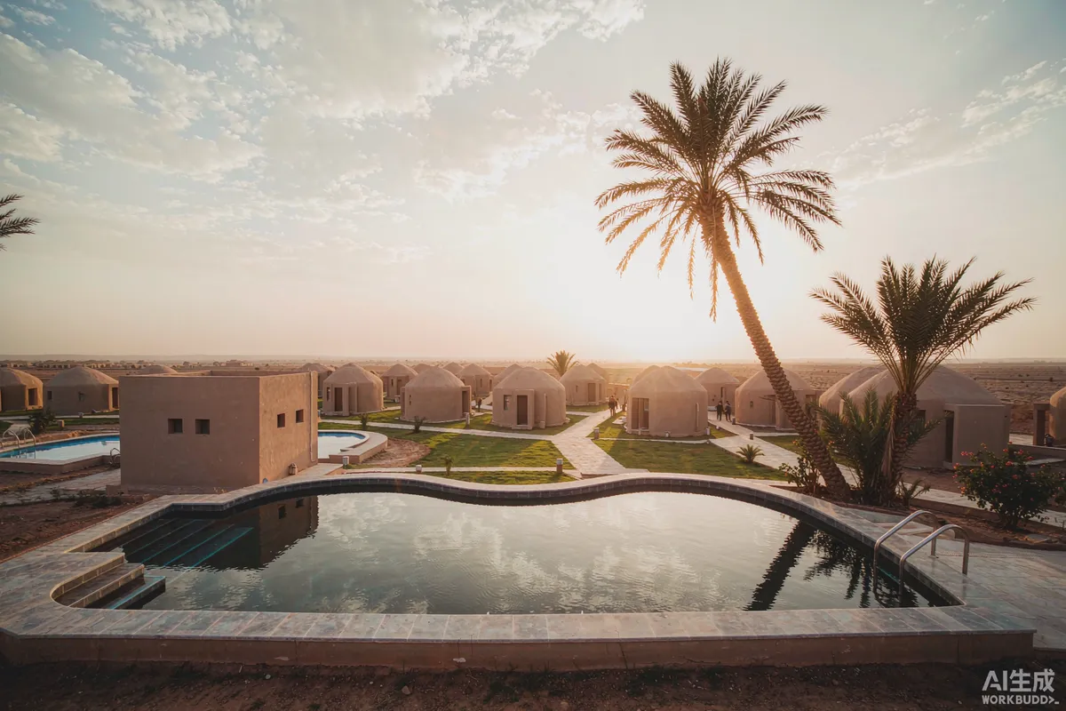 Modern desert resort with pod-style units, swimming pool and palm trees at golden hour