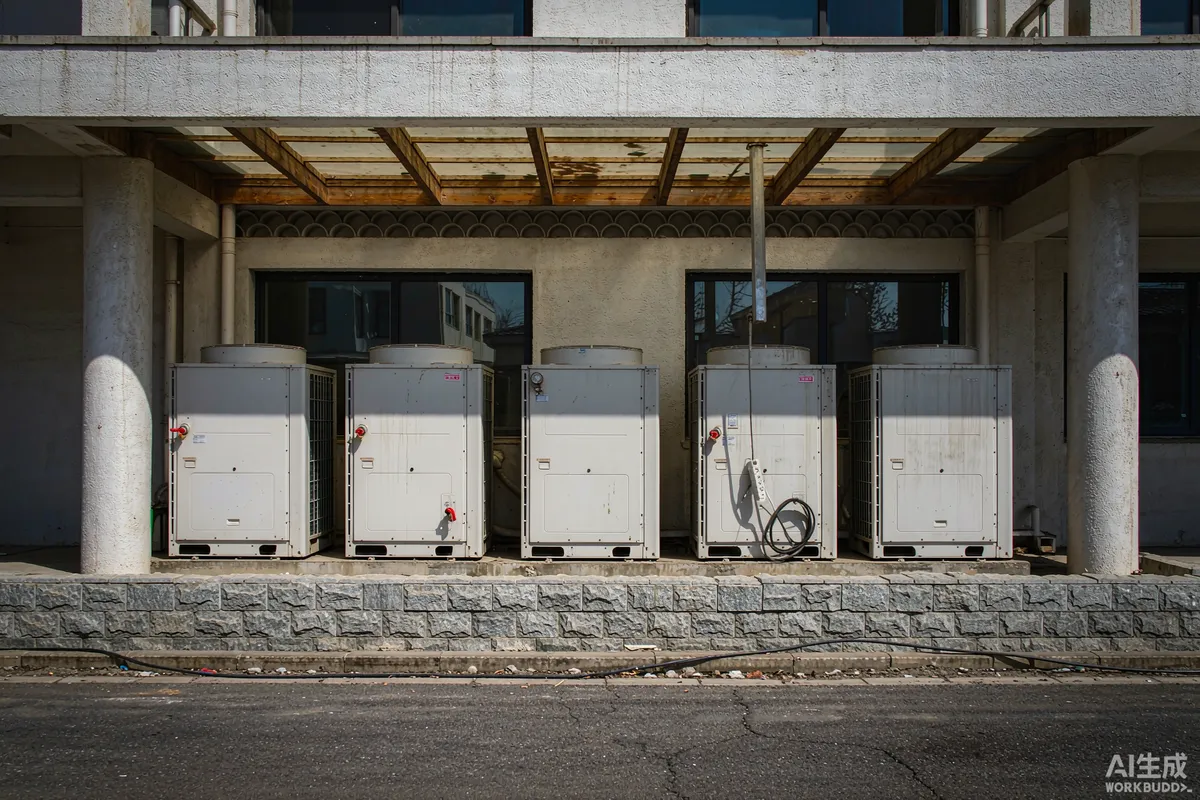 Air conditioning condenser units shaded by a canopy on a desert building facade