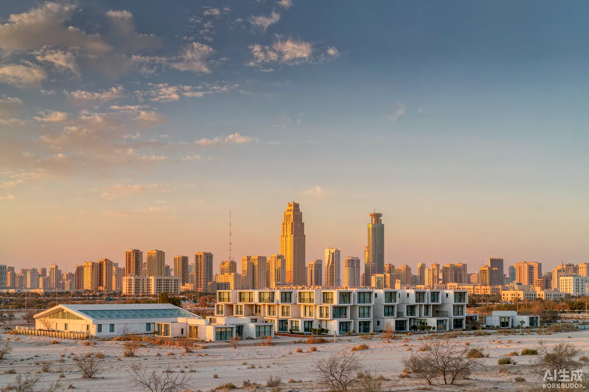 Saudi desert skyline at golden hour with modular pod houses in the foreground on pale sand