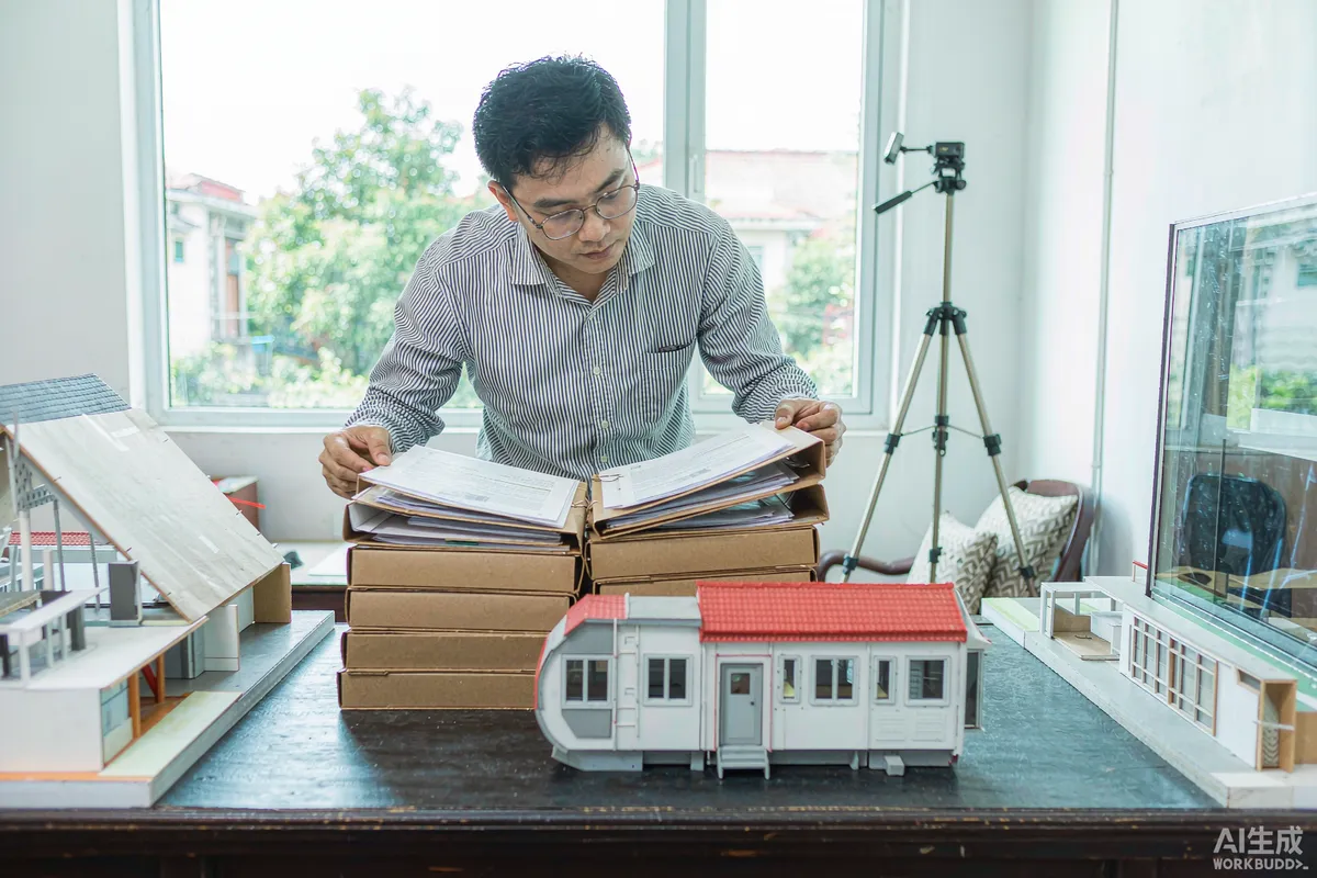 Architect reviewing printed building code binders beside a scale model of a capsule house