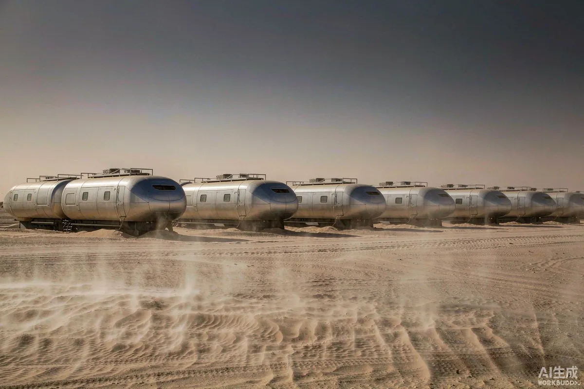 Row of modern capsule houses on a Saudi desert plateau under harsh noon sun