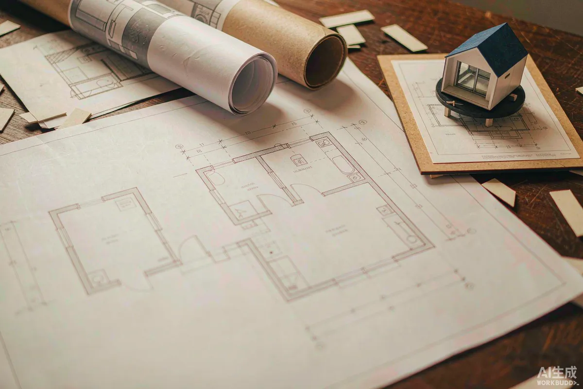 Architectural blueprints and rolled drawings on a desk beside a small modular cabin model