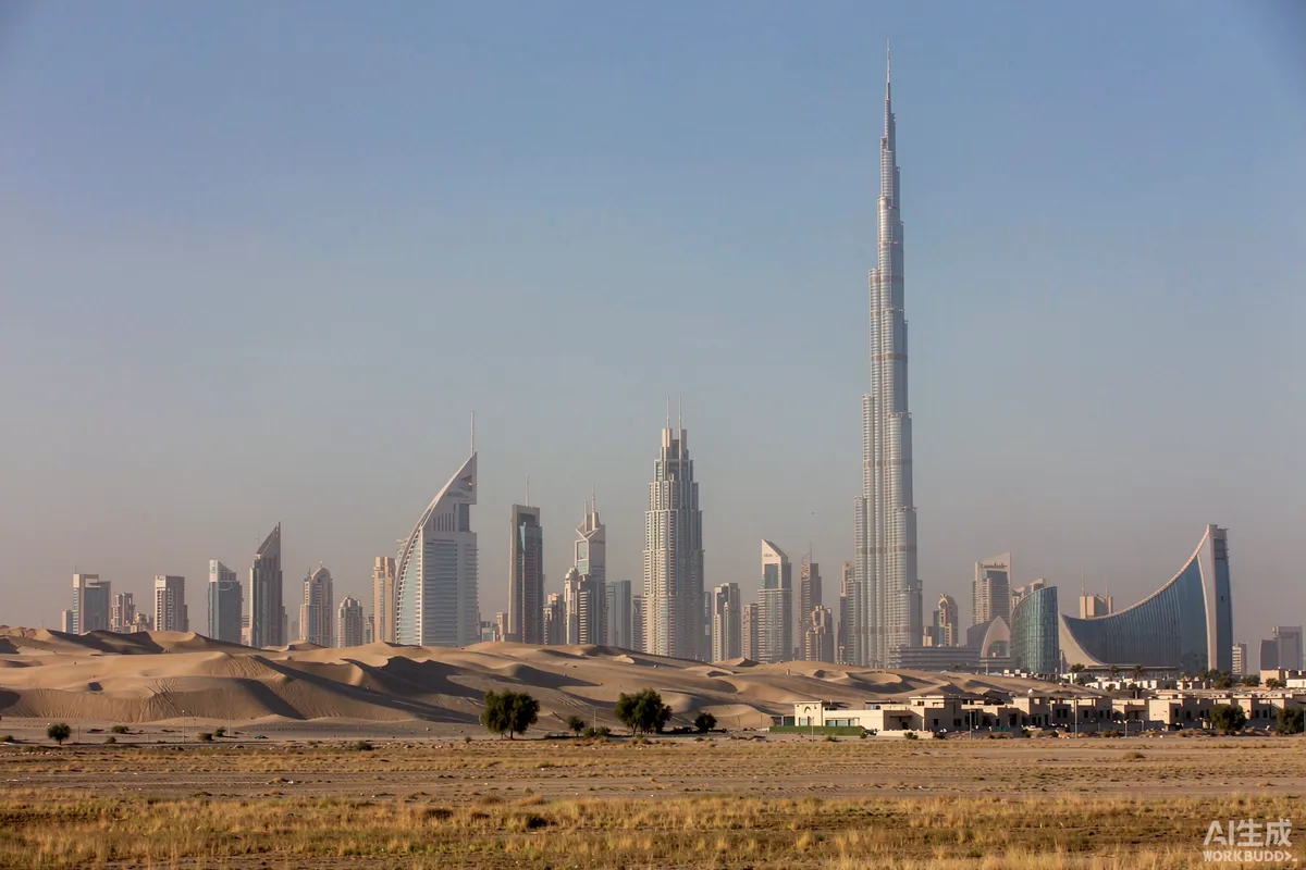 Dubai skyline with modern towers and a desert foreground on a clear day