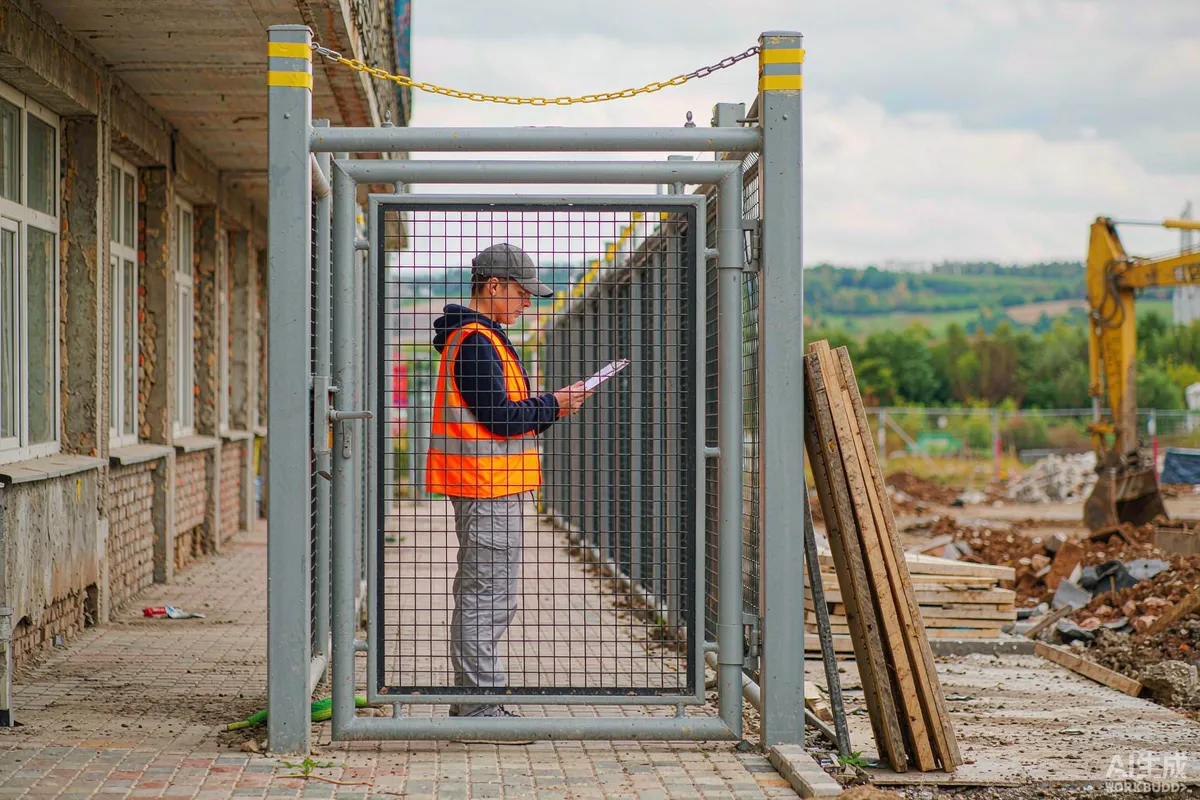 Site inspector in a safety vest reviewing documents at a construction site entrance gate