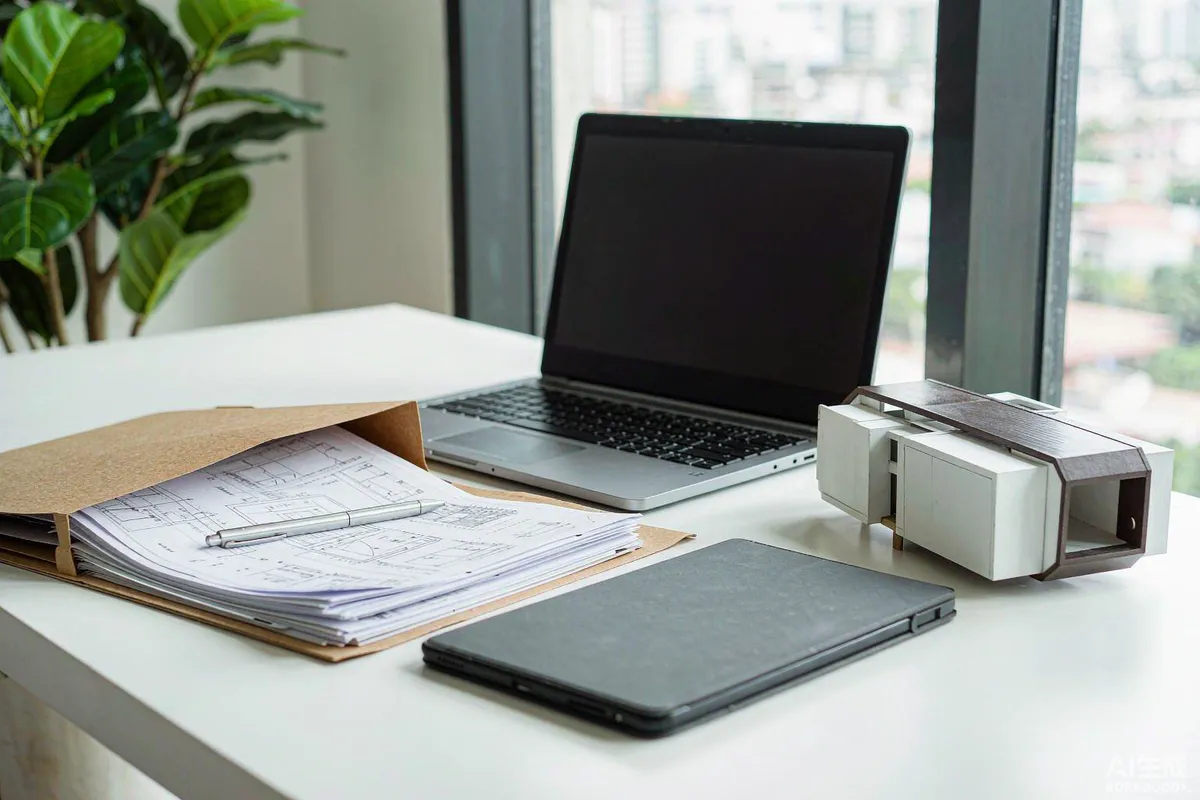 Business meeting table with a printed specification folder, a laptop and a scale model of a capsule house