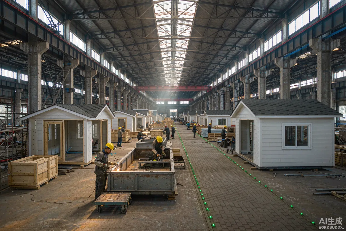 Workers assembling prefab house modules and welding steel frames on a factory floor