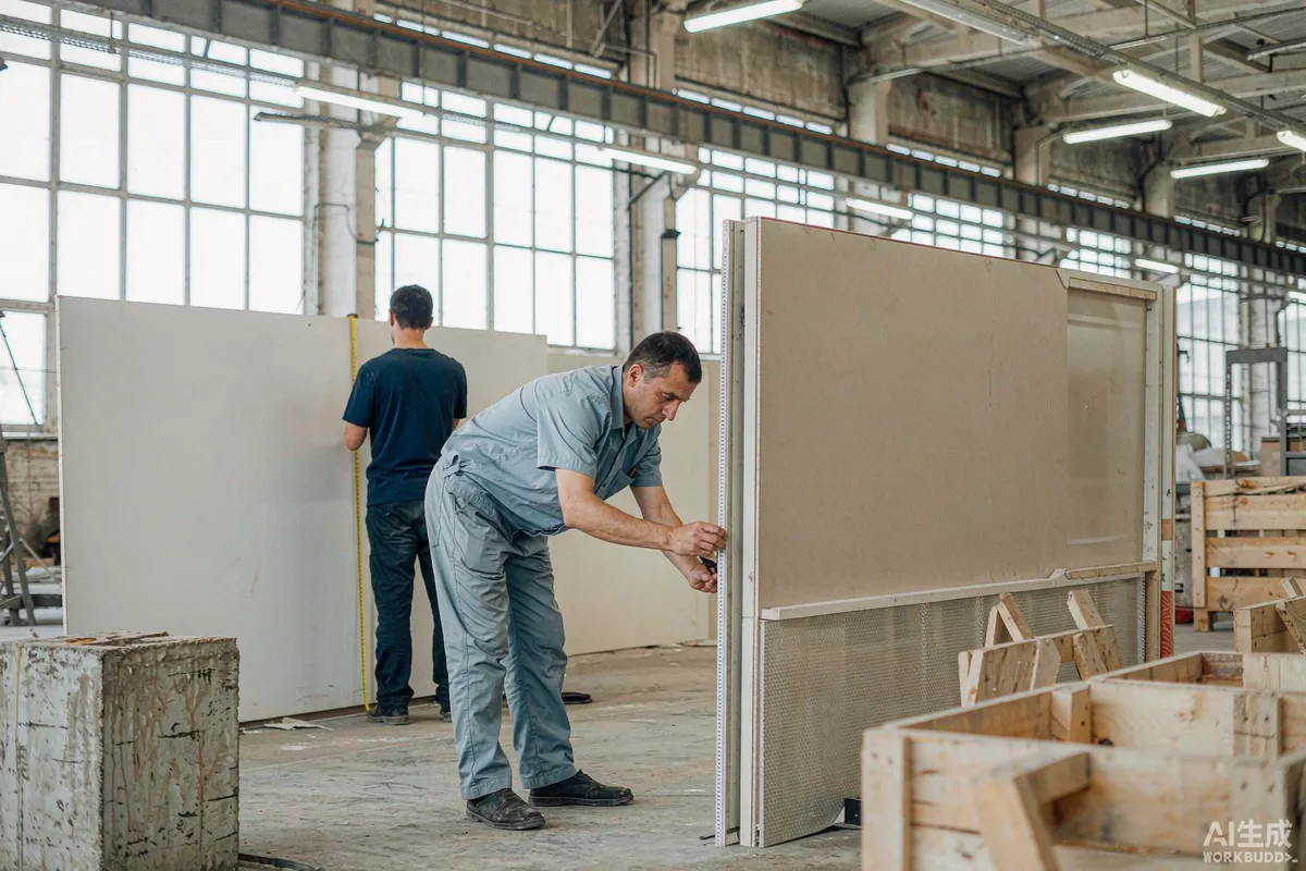 Quality inspector measuring panel dimensions with a tape measure on a prefab unit in a workshop