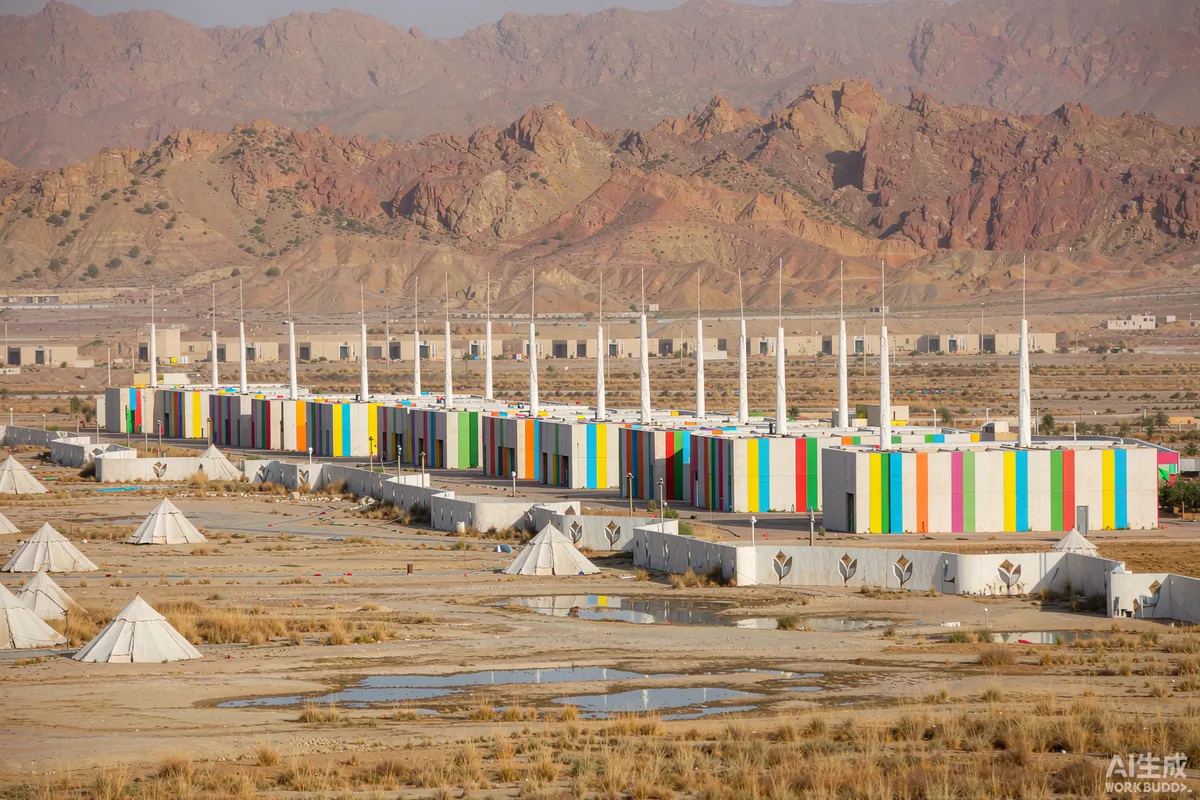 Red Sea shoreline photograph of capsule dwellings on arid coastal land with rocky mountains behind