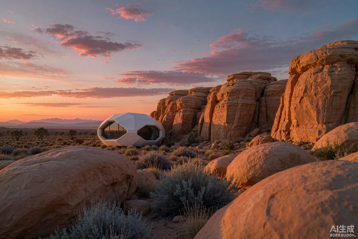Sandstone canyon photograph of a capsule dwelling among desert rock formations at dusk