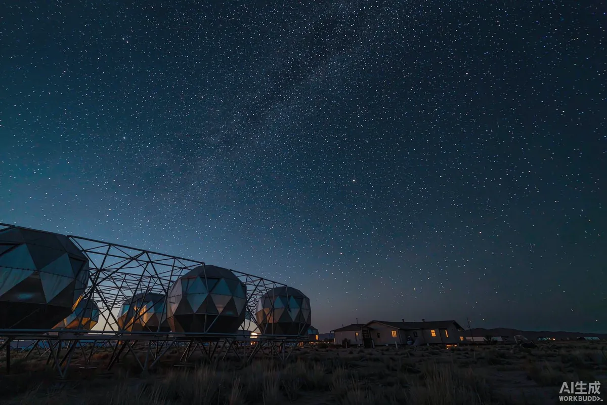 Night sky photograph over desert capsule dwellings with clear stars and warm interior glow