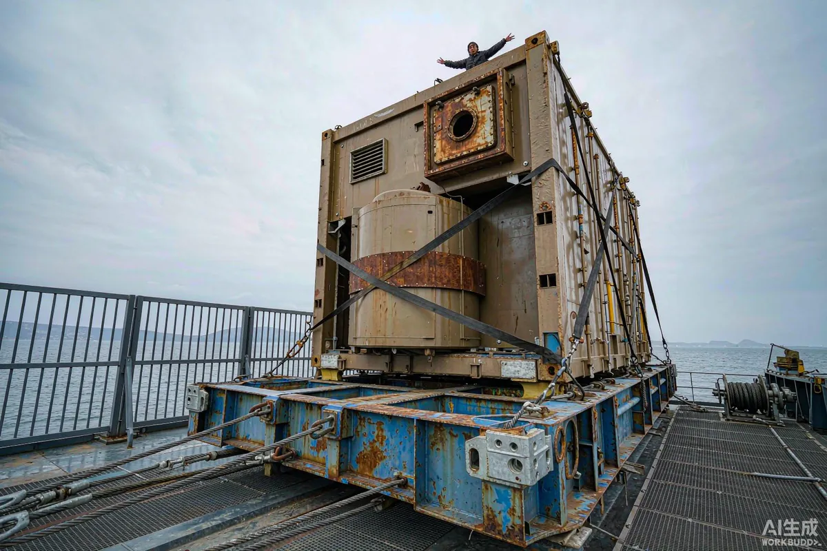 Flat rack container carrying an oversized modular unit lashed on a cargo ship deck