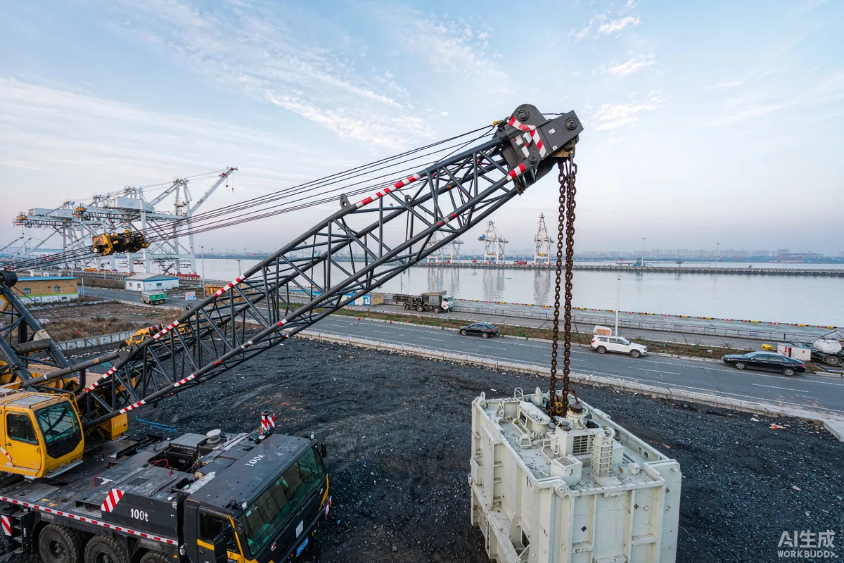 Mobile crane hoisting a large module at a port terminal