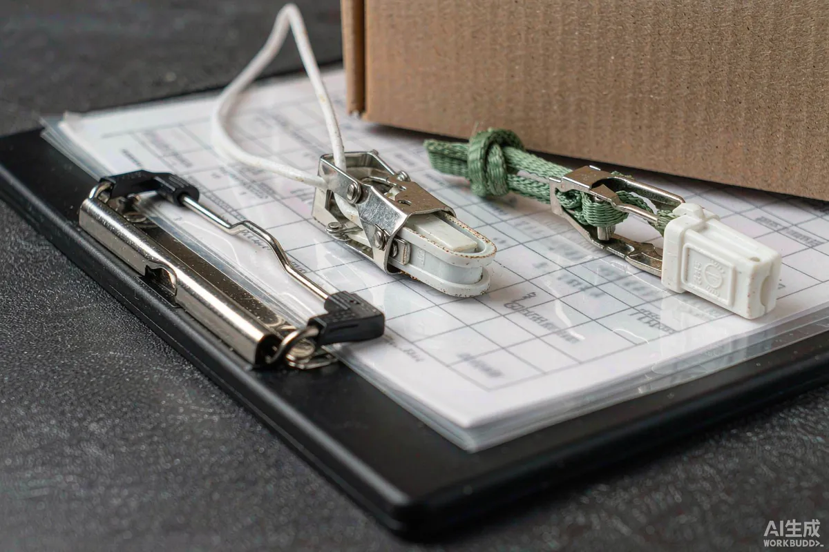 Freight paperwork, packing list and container seals arranged on a clipboard