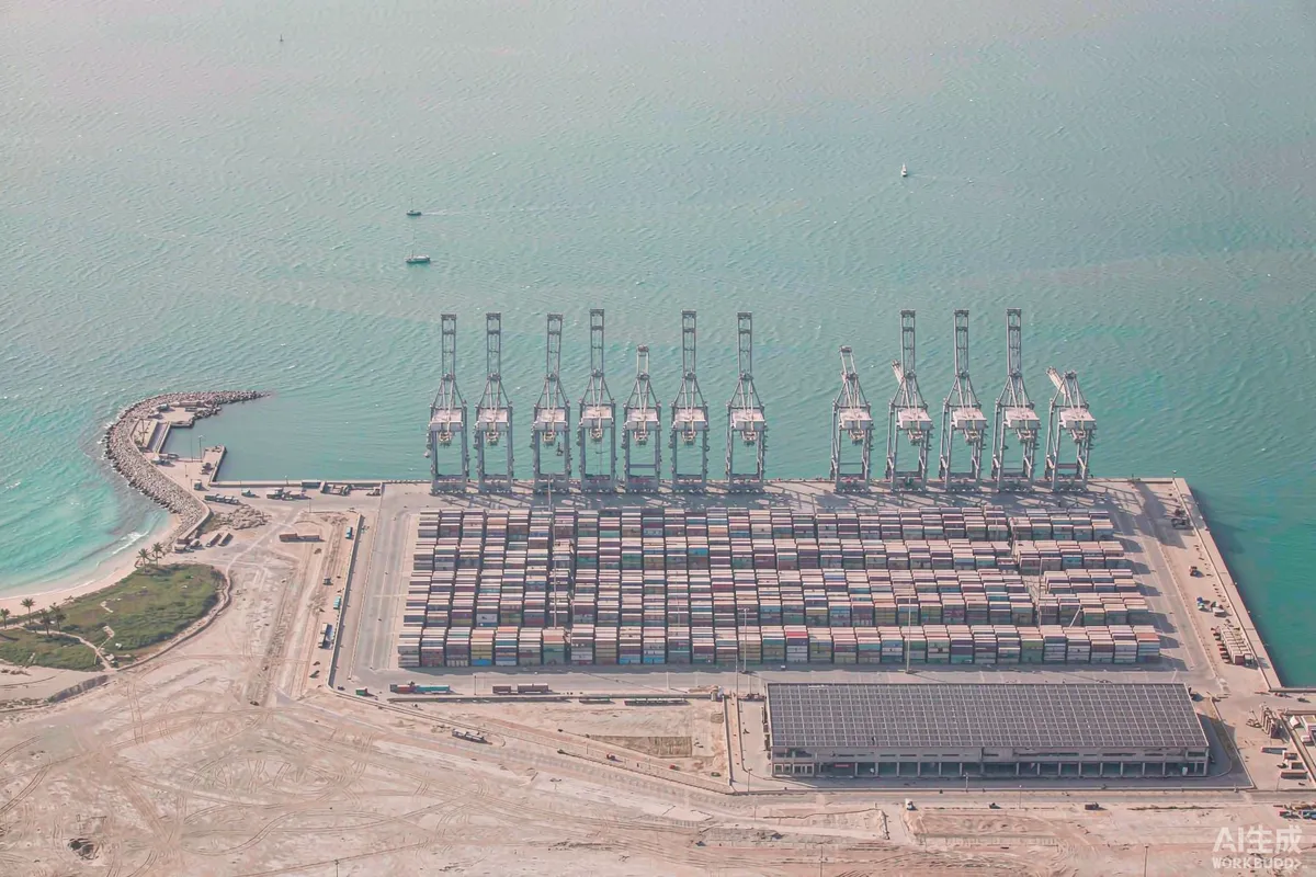 Aerial view of a large Gulf container terminal with gantry cranes and stacked containers along a turquoise coastline