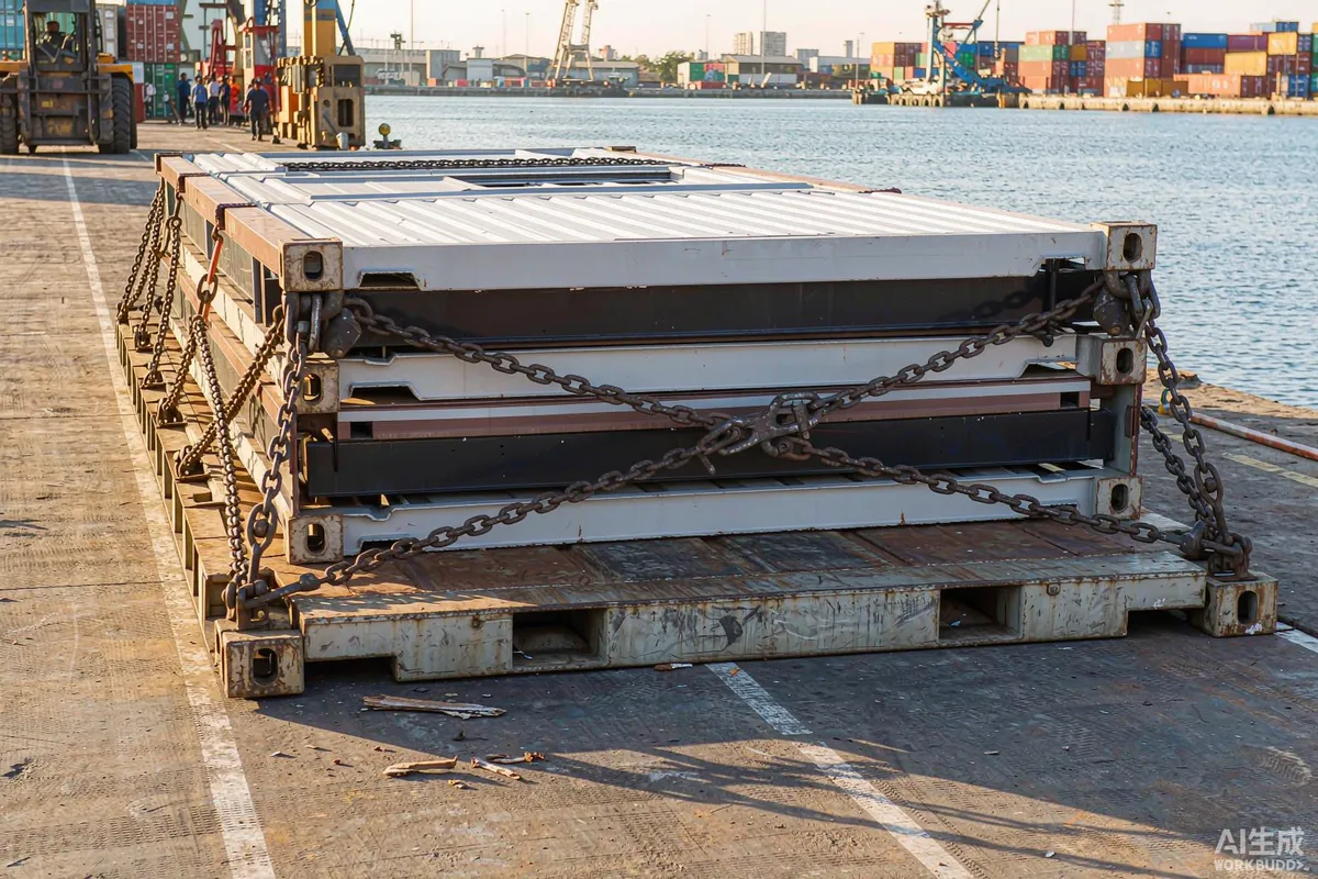 Flat rack container carrying one folded modular house unit lashed with chains on a sunlit quay