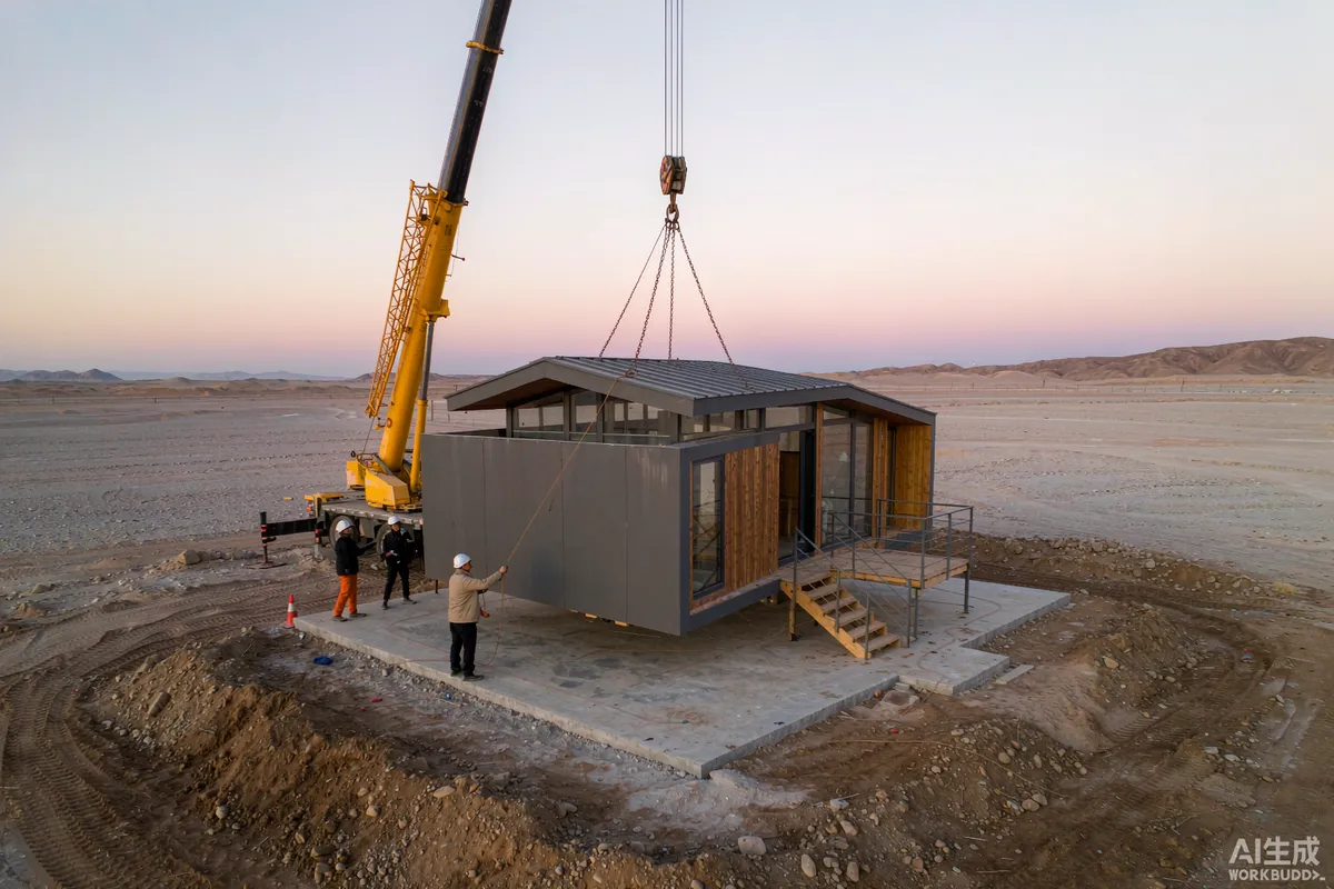 Mobile crane lowering a capsule house module onto a prepared desert plot at first light with riggers guiding it