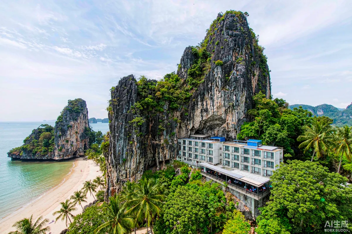 Limestone karst photograph of capsule dwellings on a Thai coastal site with the Andaman Sea beyond