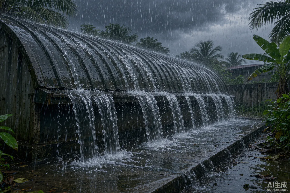 Monsoon rain running heavily off the curved roof of a prefab unit in tropical Thailand