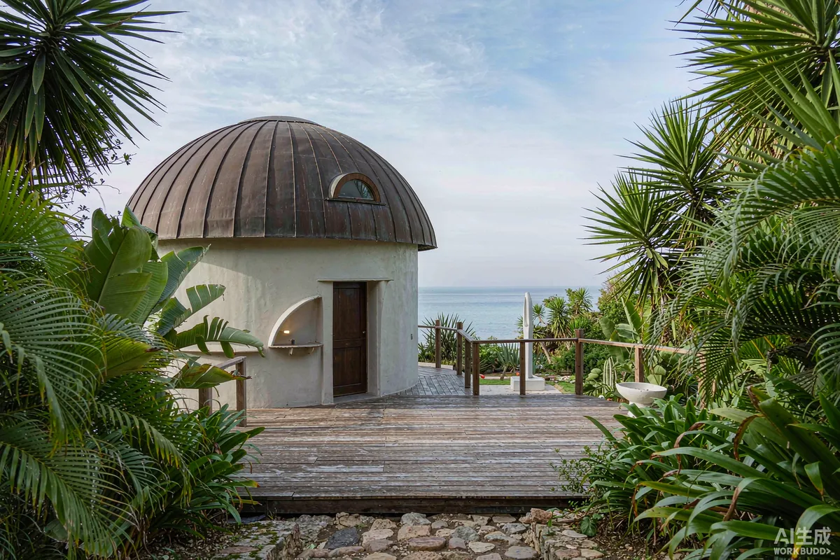 Wooden deck photograph of a capsule dwelling above a tropical garden with a sea view