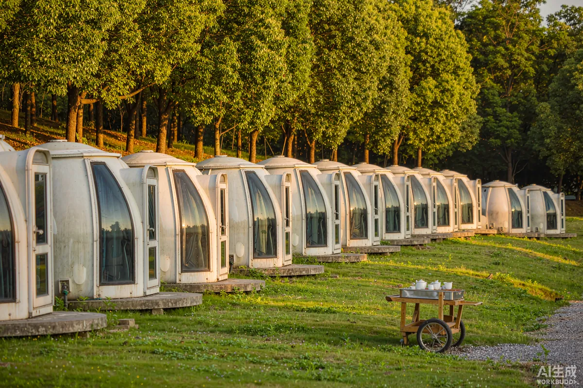 Orderly row of rental pod units on a grassy hillside at golden hour with a service cart parked nearby