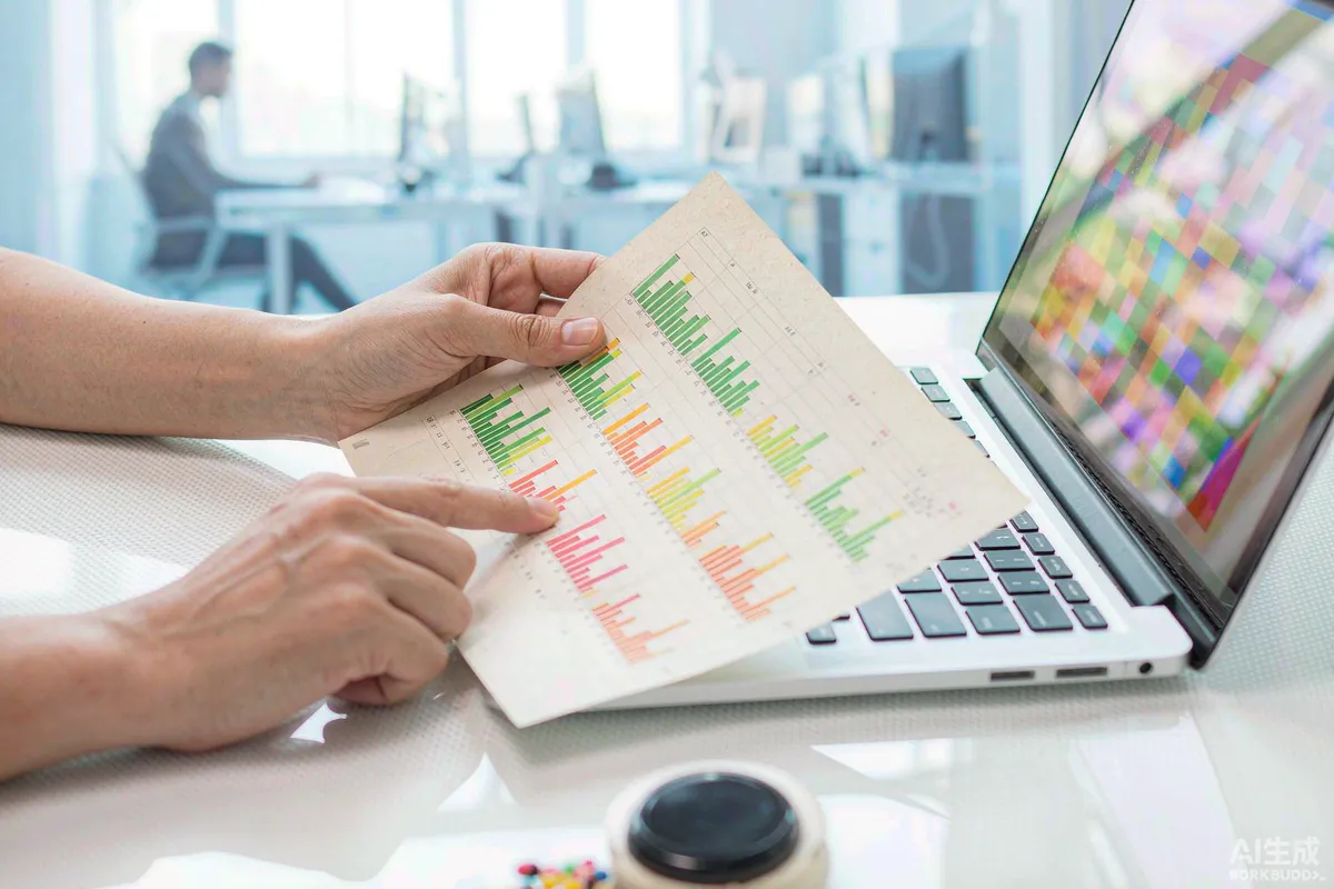 Finance manager reviewing a printed ten year cost spreadsheet with highlighted column charts