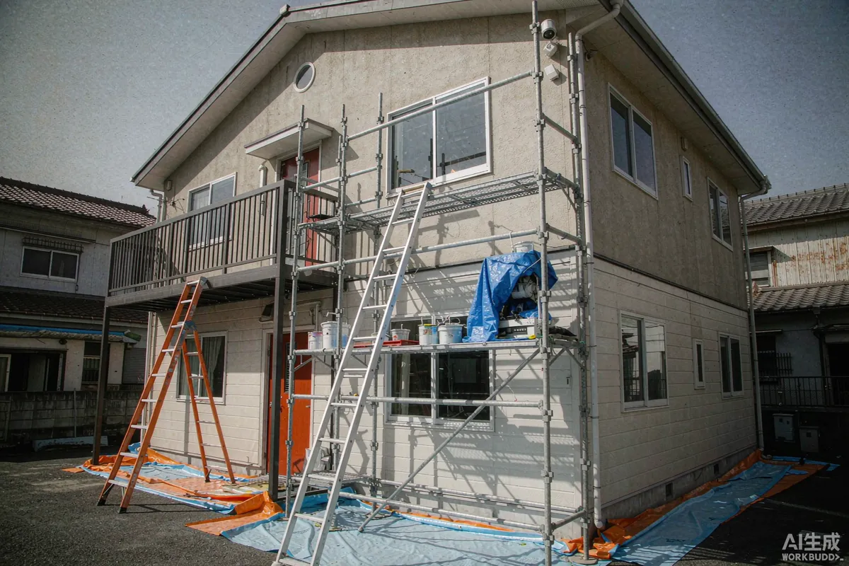 Maintenance crew repainting the exterior shell of a prefab unit from light scaffolding