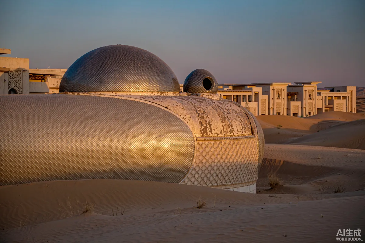 Desert landscape photograph of a curved capsule dwelling on sand dunes at golden hour