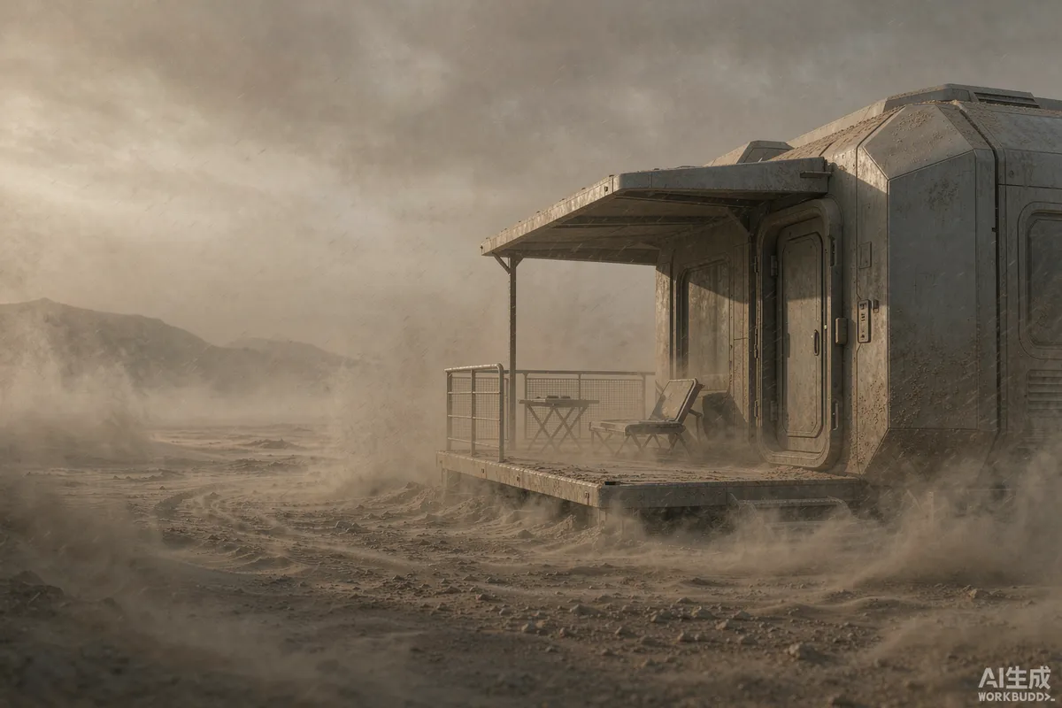 Sandstorm haze photograph over a sealed prefab unit with a shaded terrace in an arid region