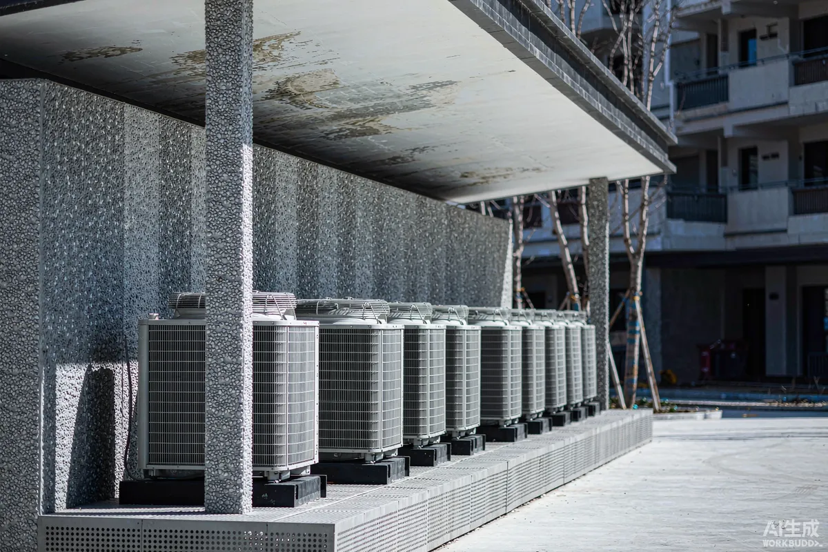 Outdoor air conditioning condenser units shaded behind a prefab building in a hot desert climate