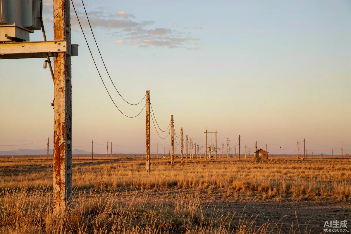 Utility poles carrying a new service drop across open grassland toward a distant cabin site at dawn