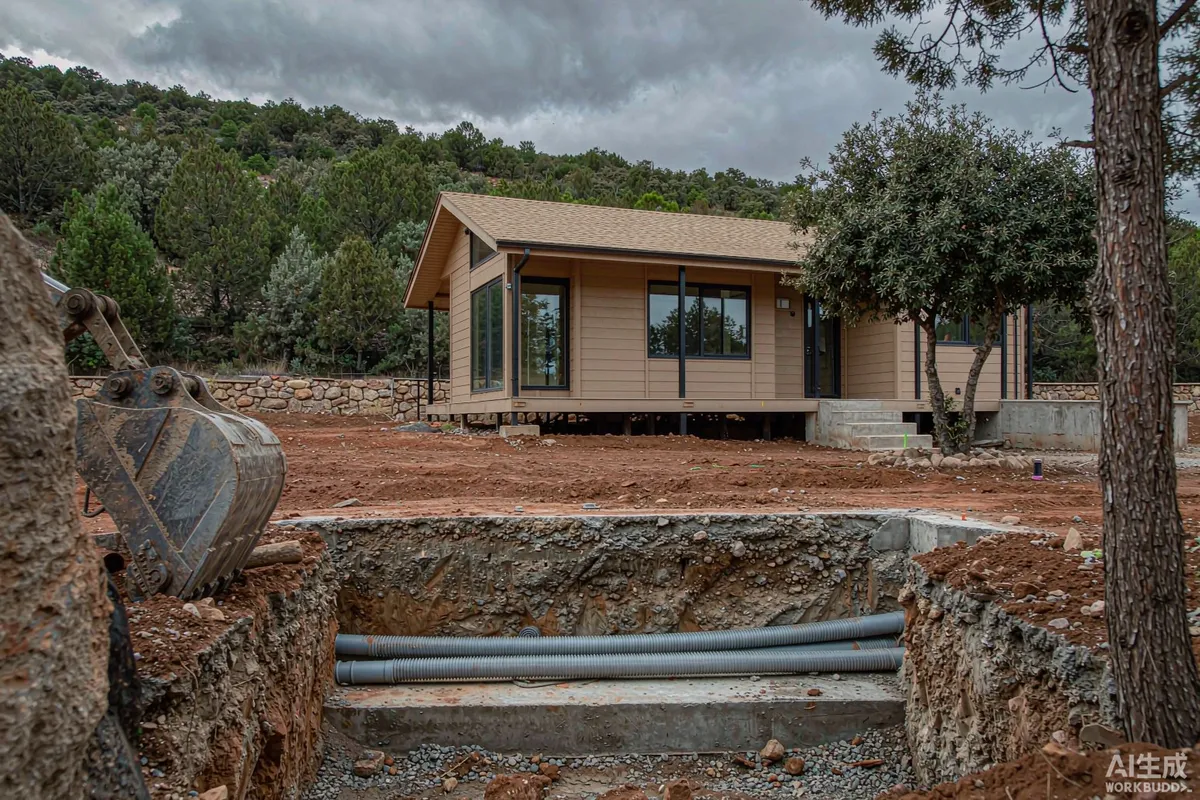 Trench cut through rocky ground with conduit laid for water and power serving a modular house
