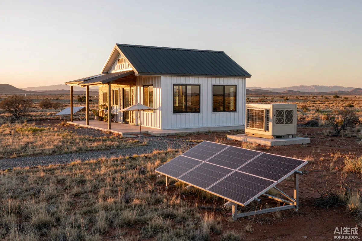 Backup generator set and solar panels beside a capsule house at a remote off grid site