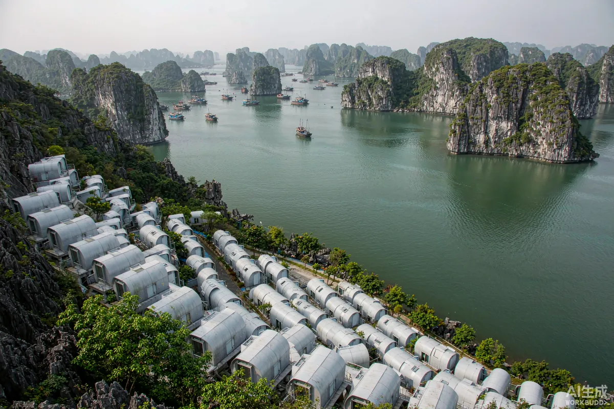 Capsule dwellings on terraced coastal land beside a limestone karst bay in Vietnam