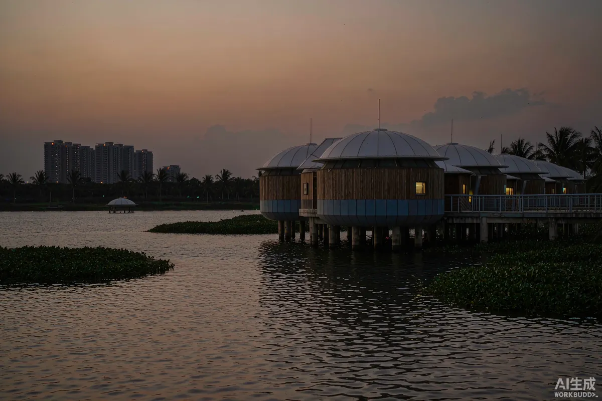 Stilted capsule units beside calm water in a river delta at dusk