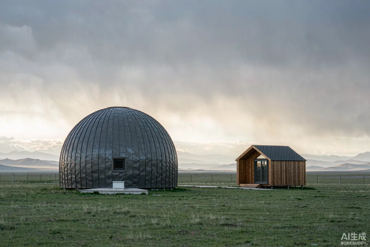 Side by side photograph of a modern metal capsule dwelling and a timber cabin on open ground