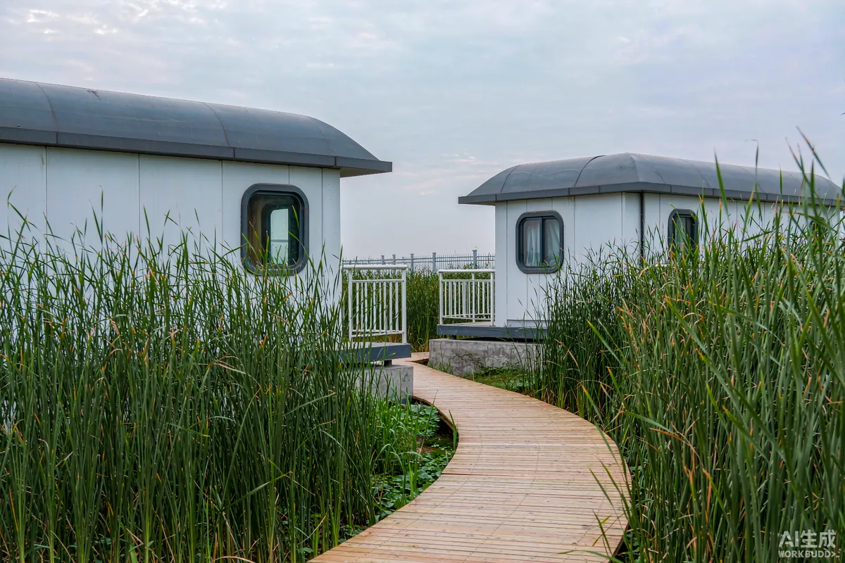 Wooden boardwalk winding through tall grass between two capsule units