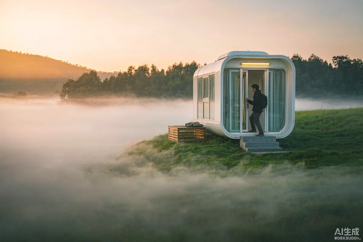 Guest opening the glass door of a capsule unit at sunrise with forest beyond