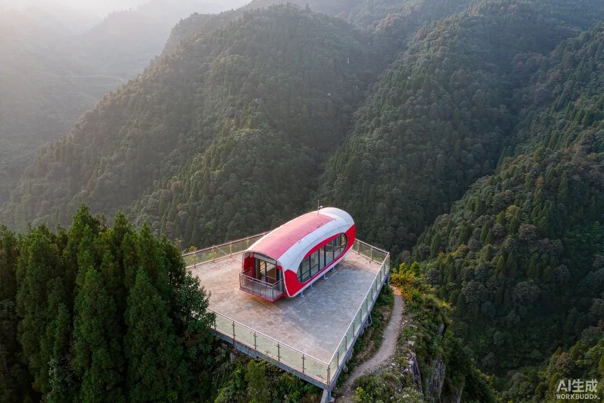 Clifftop photograph of a capsule unit on a viewing platform above a mountain valley in morning mist