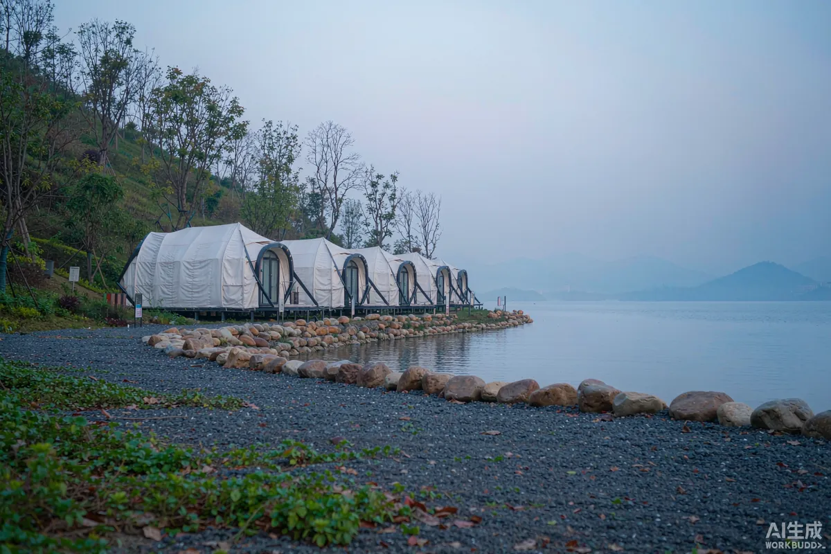 Lakeside capsule units on a low platform at the water edge with reflections