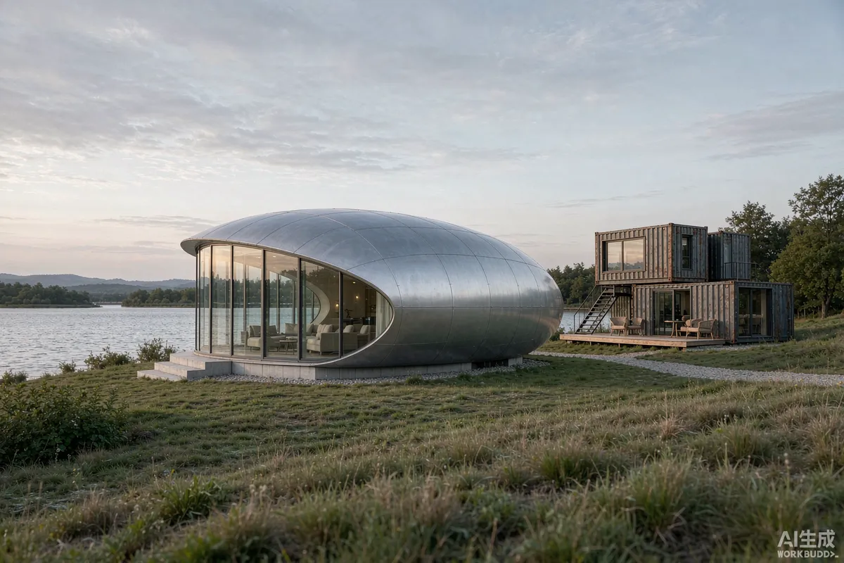 Space capsule home with panoramic glass beside a converted container home on a lakeside plot
