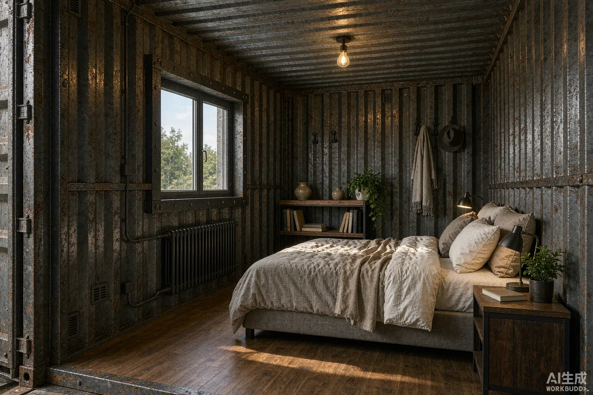Interior of a converted container home showing corrugated steel walls