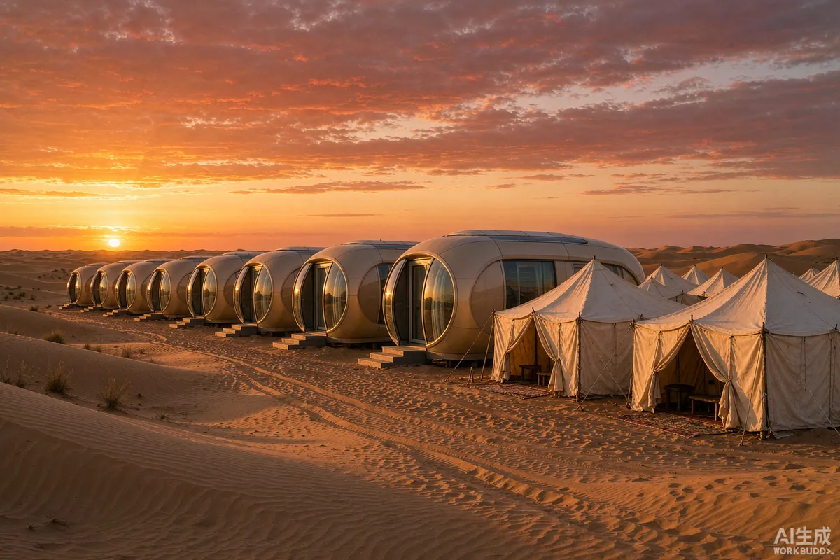 Row of sleek capsule units beside traditional canvas tents on wind sculpted Arabian dunes at sunset