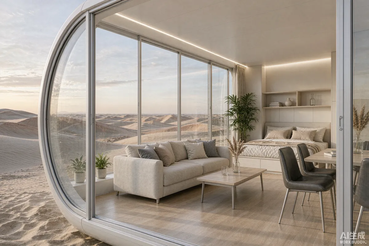 Interior of a glazed pod house looking across open desert dunes through floor to ceiling glass