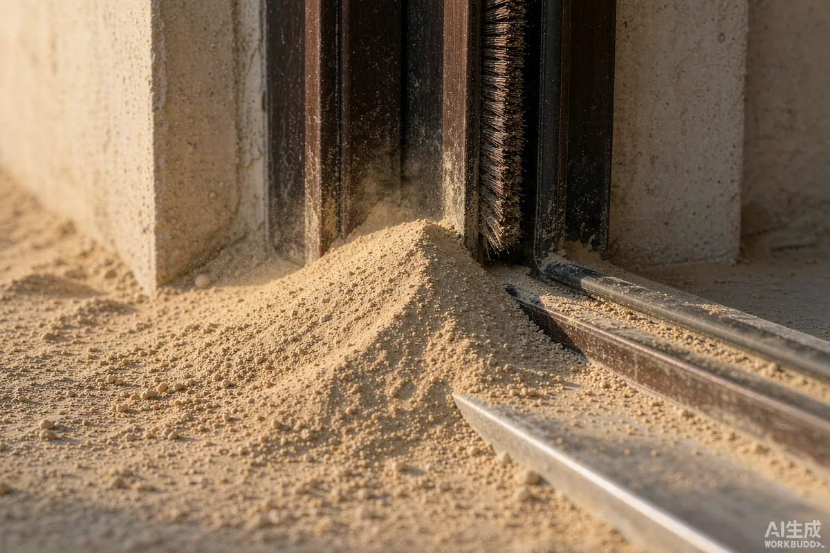 Fine sand piled against a sealed entrance door with brush weatherstrip and rubber gasket