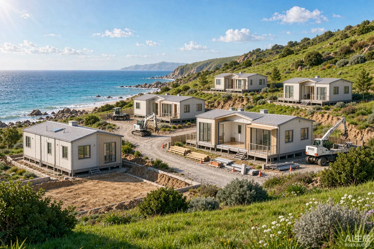 Green coastal slope with several expandable prefab houses opened out across a resort development site
