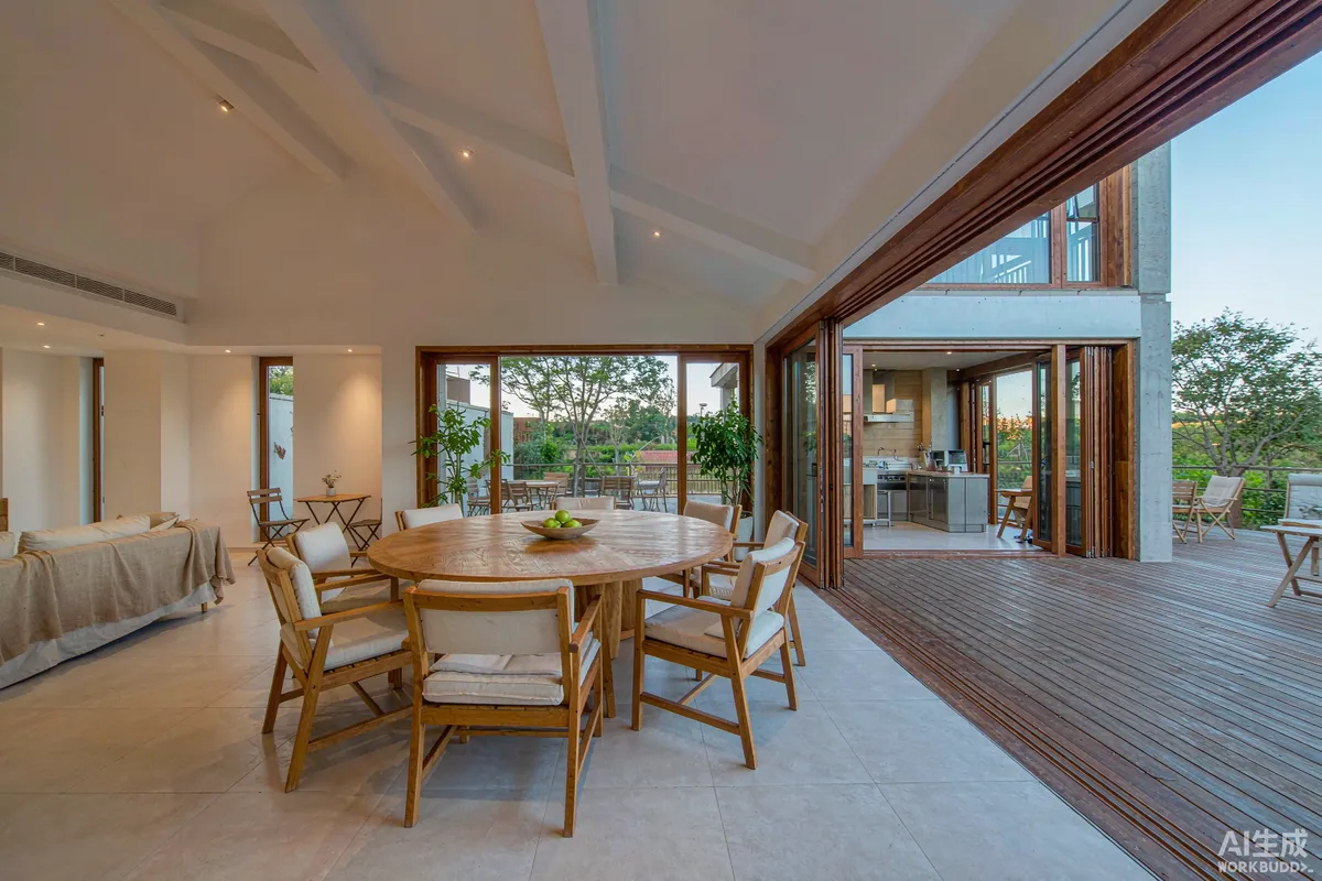 Opened expandable house interior showing a wide living space with large glass doors facing a timber deck