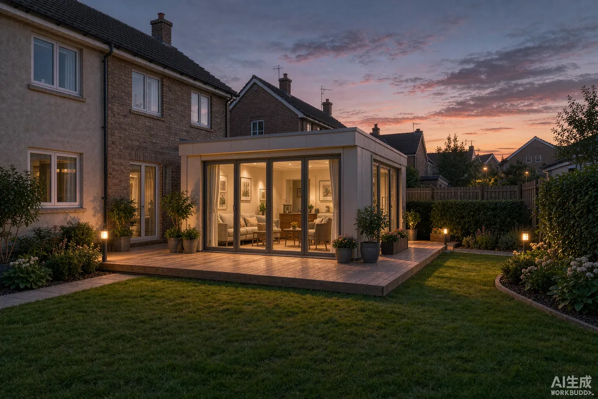 Compact garden room pod with glazed front on a timber deck behind a family house at dusk with warm interior light