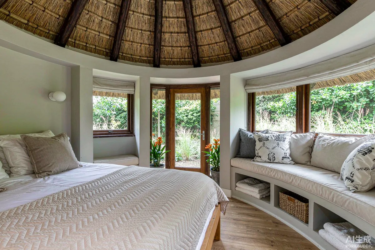 Small garden pod interior furnished as a guest bedroom with a made bed and deep window seat
