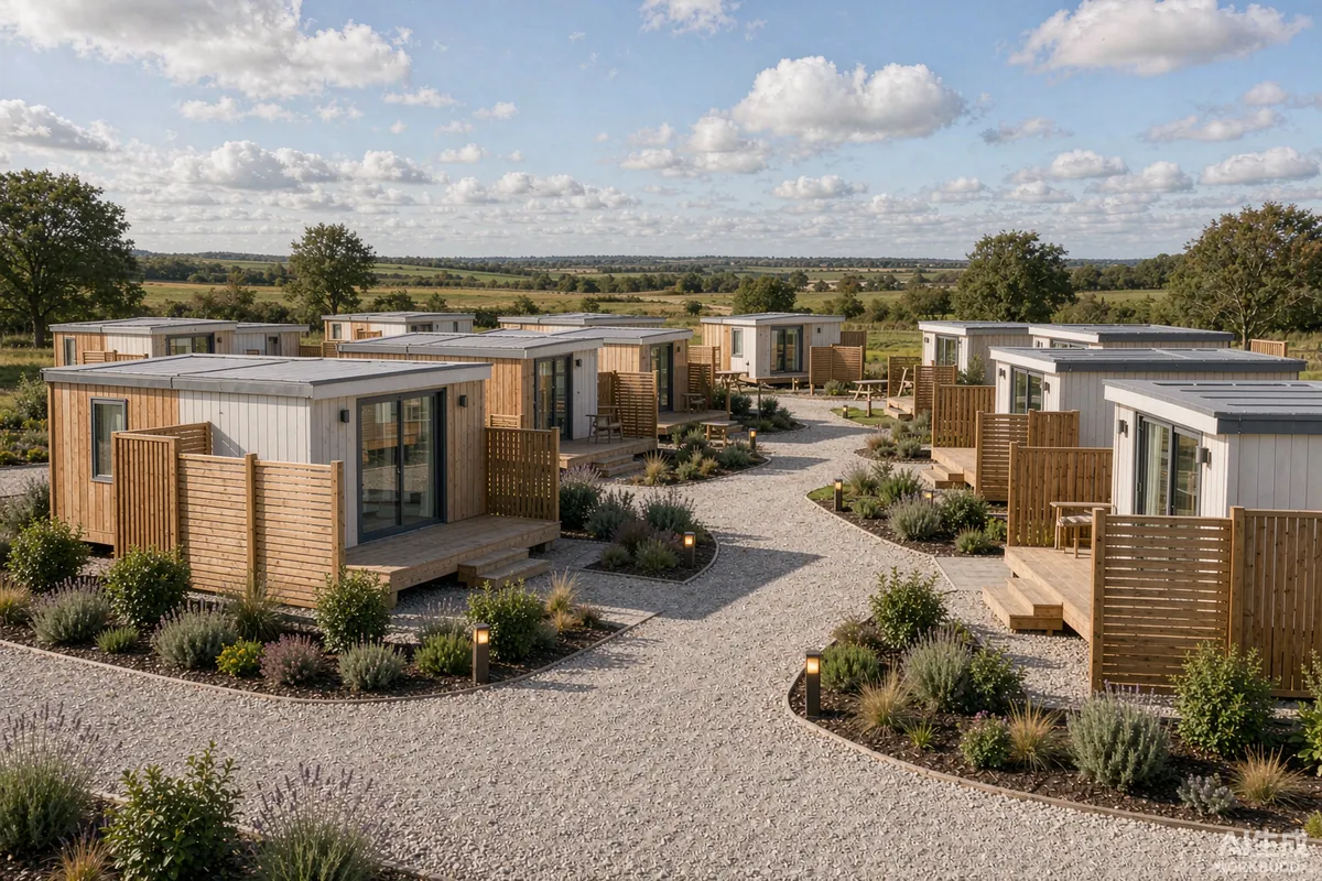 Cluster of compact backyard pod rental units along gravel pathways with timber screens in a rural holiday park