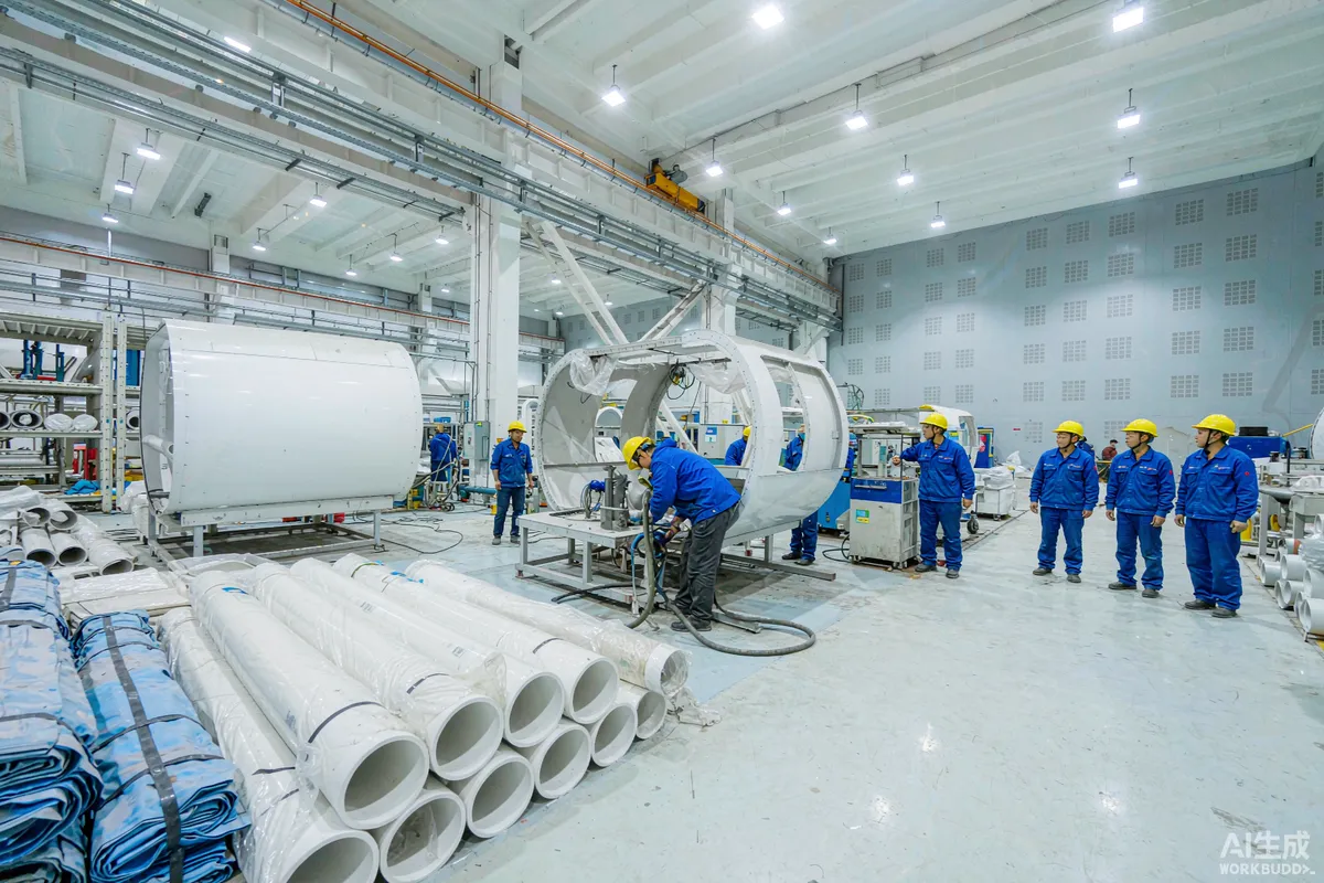 Workers in uniform assembling curved pod shells on a bright industrial glamping pod factory floor
